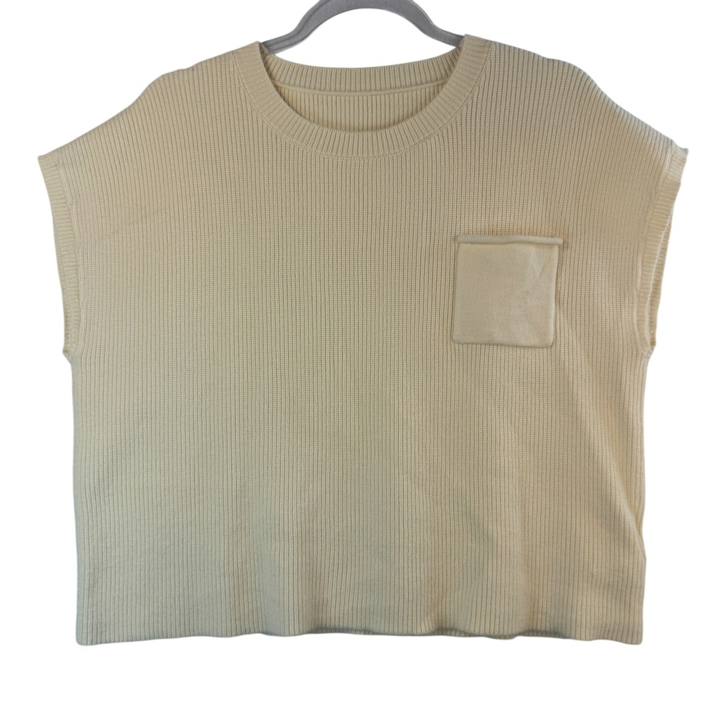 Sleeveless Knit Sweater Vest Top Pocket Casual Layering Cream Butter Yellow Sz L